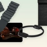 collage of 3-2-8 method fitness essentials including Bala Bangles, a Pilates ring, dumbbells, and a yoga mat
