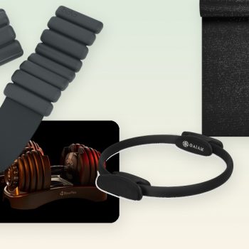 3-2-8-method-essentials-hero-photo-v2 collage of 3-2-8 method fitness essentials including Bala Bangles, a Pilates ring, dumbbells, and a yoga mat