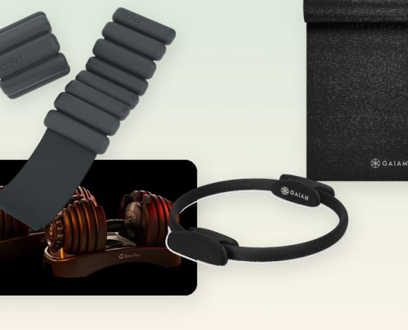 collage of 3-2-8 method fitness essentials including Bala Bangles, a Pilates ring, dumbbells, and a yoga mat