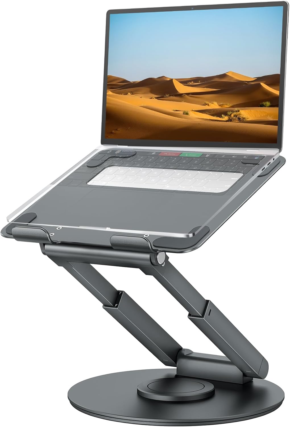 Telescopic laptop stand raising a laptop to eye level with a 360 degree swivel base