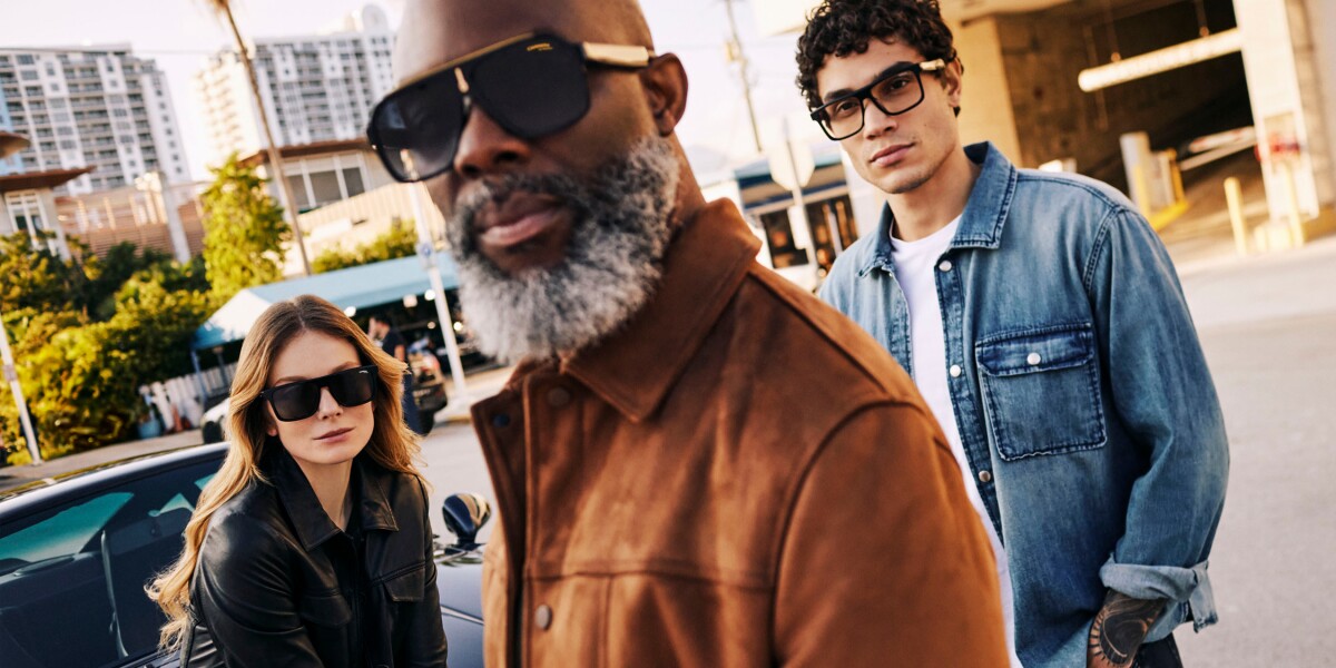 people wearing smart glasses with open ear audio product photo