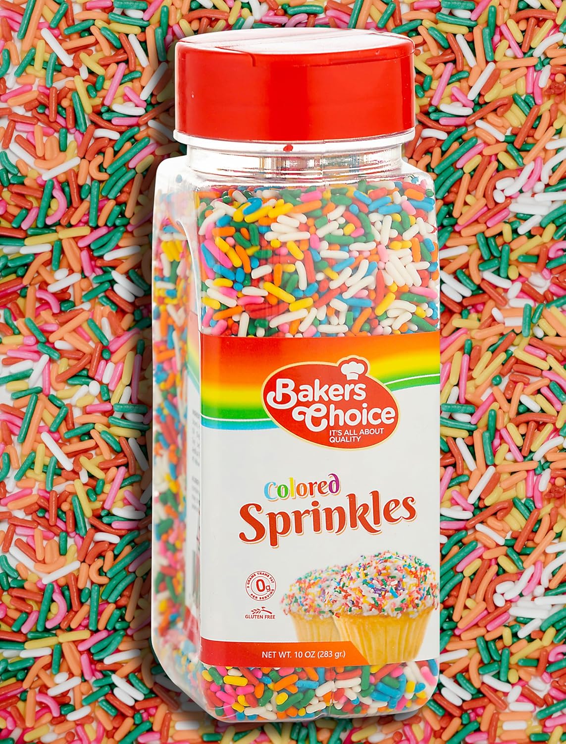 Bakers Choice rainbow sprinkles jar surrounded by loose colorful sprinkles