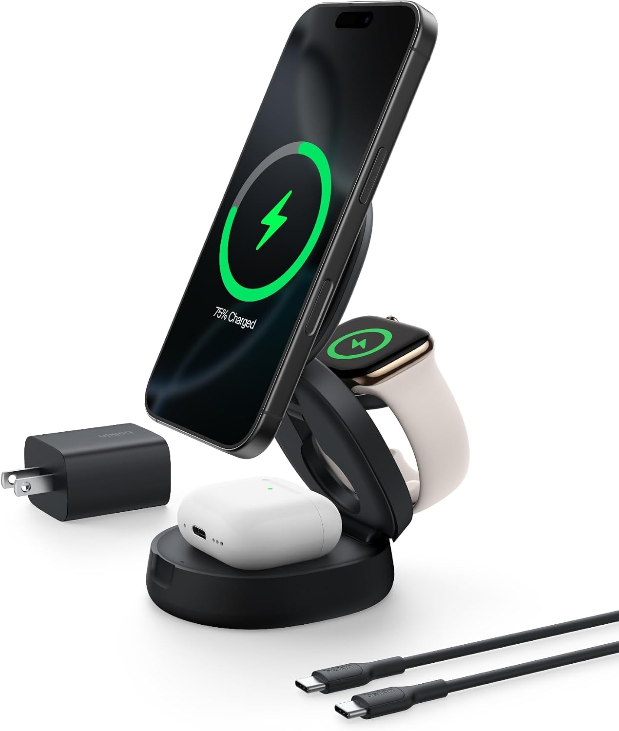 Belkin 3 in 1 wireless charging station charging a phone, watch, and earbuds at once