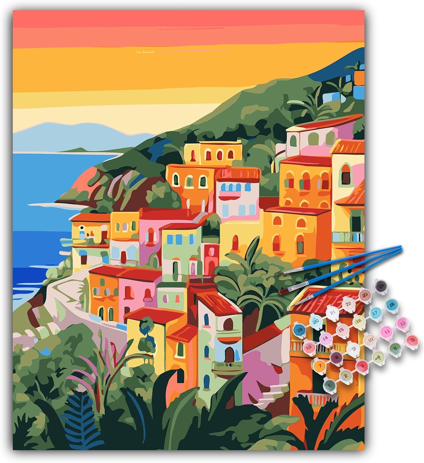Framed coastal village paint by numbers canvas kit with brushes and paint