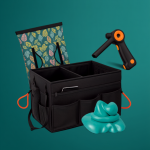 colorful collage of car organization and cleaning gear including a trunk organizer, vacuum, and cleaning gel
