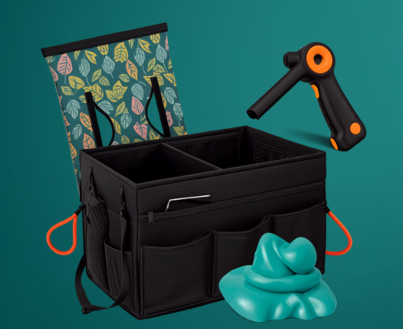 colorful collage of car organization and cleaning gear including a trunk organizer, vacuum, and cleaning gel