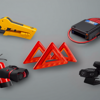 colorful collage of car safety accessories including a seat belt cutter, jump starter, fire extinguisher, warning triangles, and dash cam