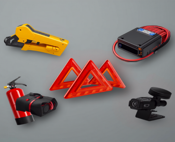 colorful collage of car safety accessories including a seat belt cutter, jump starter, fire extinguisher, warning triangles, and dash cam