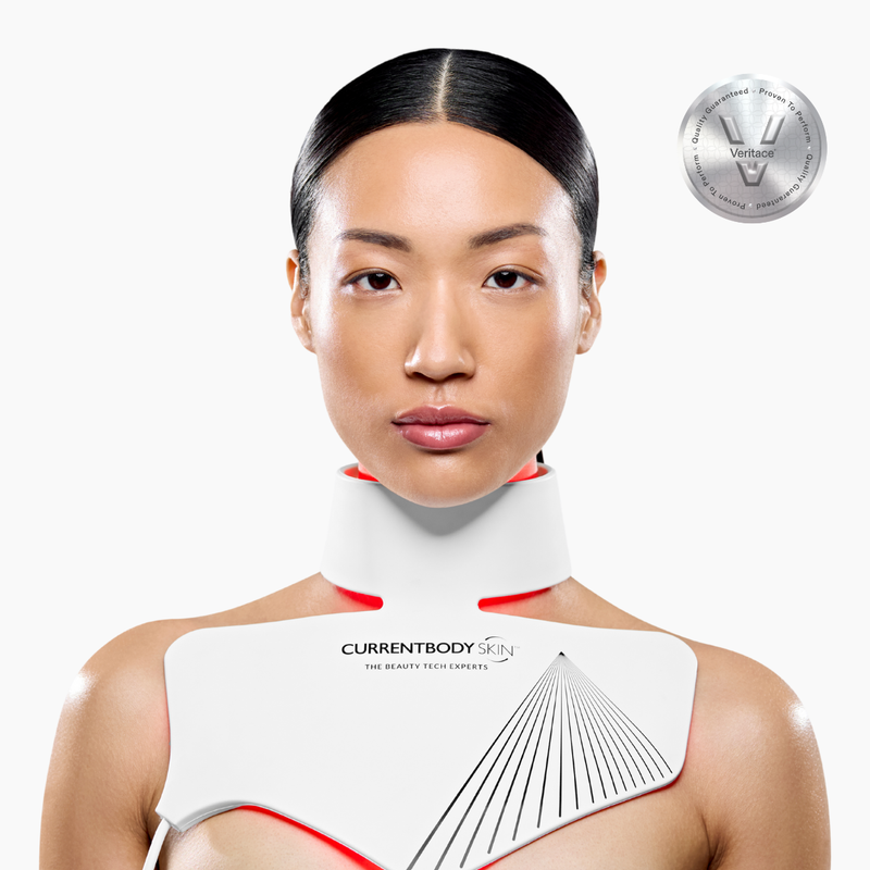 CurrentBody Skin LED Neck and Décolletage Mask worn showing red light therapy