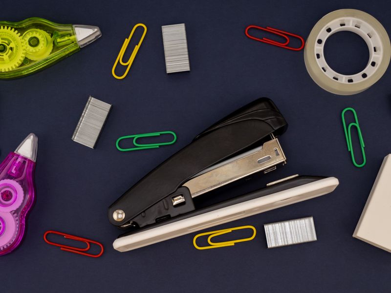 desk accessories set with stapler, tape, and paper clips product photo