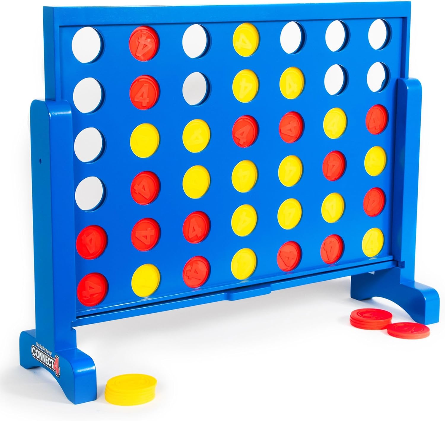 Giant wooden four foot Connect 4 game set up on grass