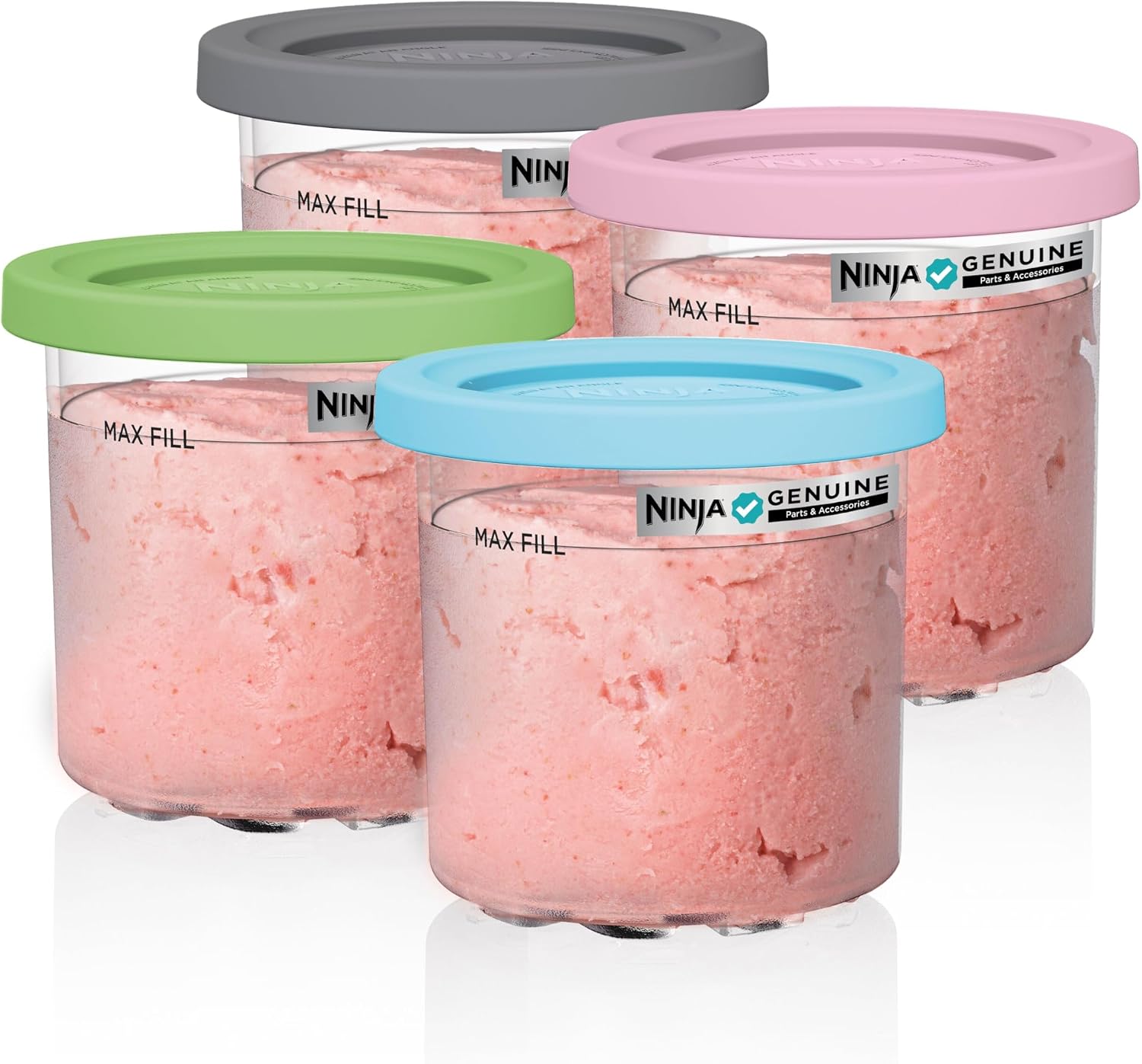 Four extra Ninja CREAMi original 16oz pint containers with colorful lids