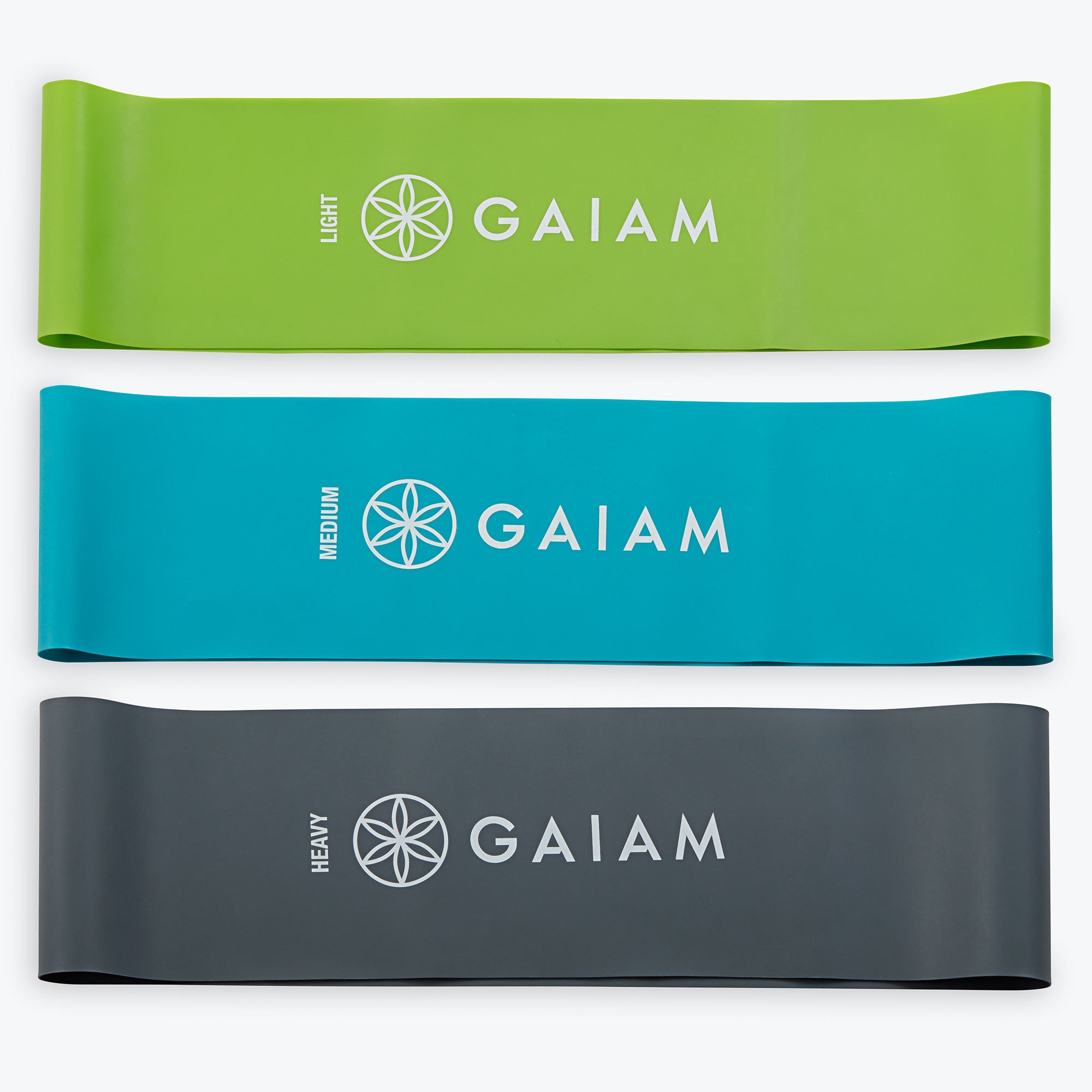 Gaiam Restore Loop Band Kit, three resistance bands in light, medium, and heavy