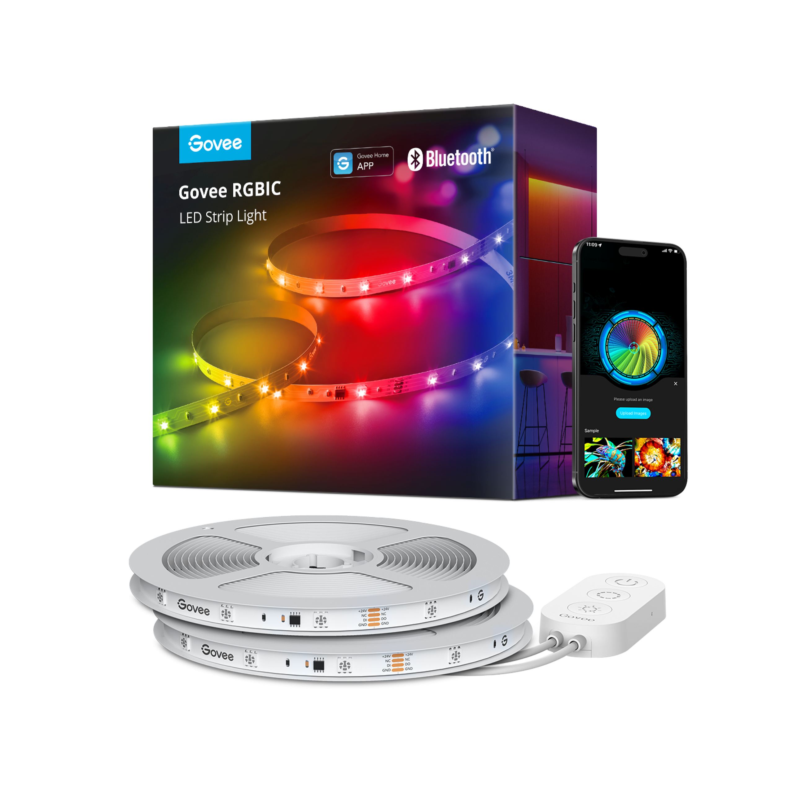 Govee RGBIC LED strip lights glowing in multiple colors on a wall