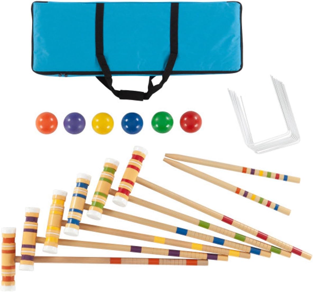 Six player croquet set with mallets, balls, and wickets set up on a lawn