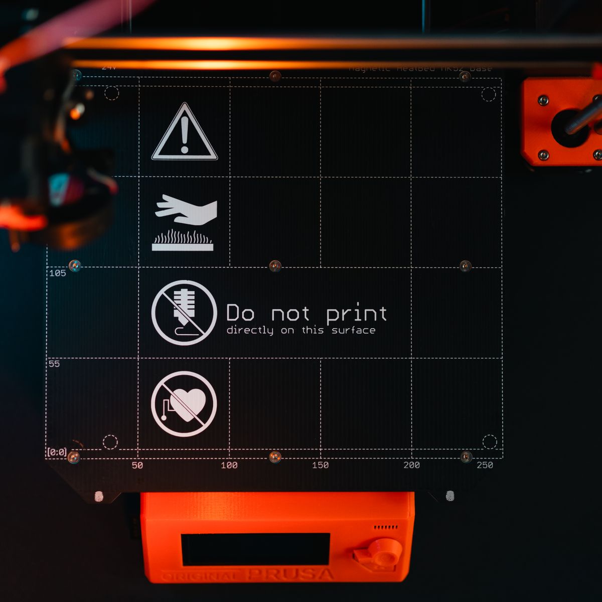 3D printer build plate with warning icons product photo