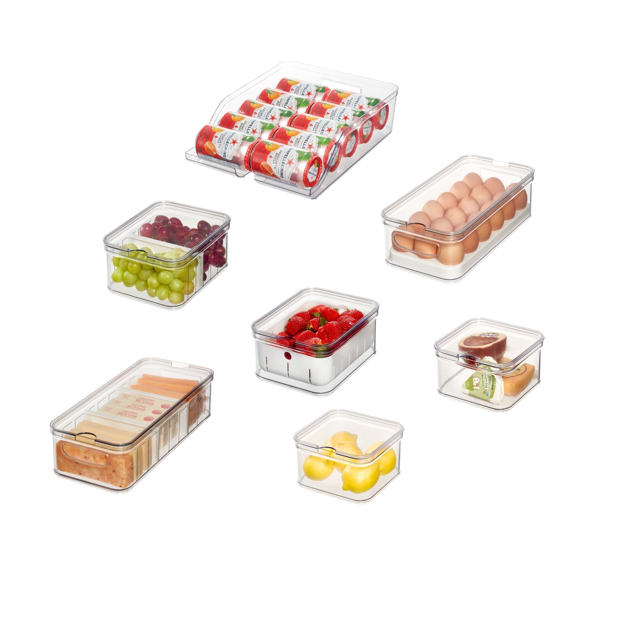 clear refrigerator organizer bins holding fruit, eggs, and drinks product photo