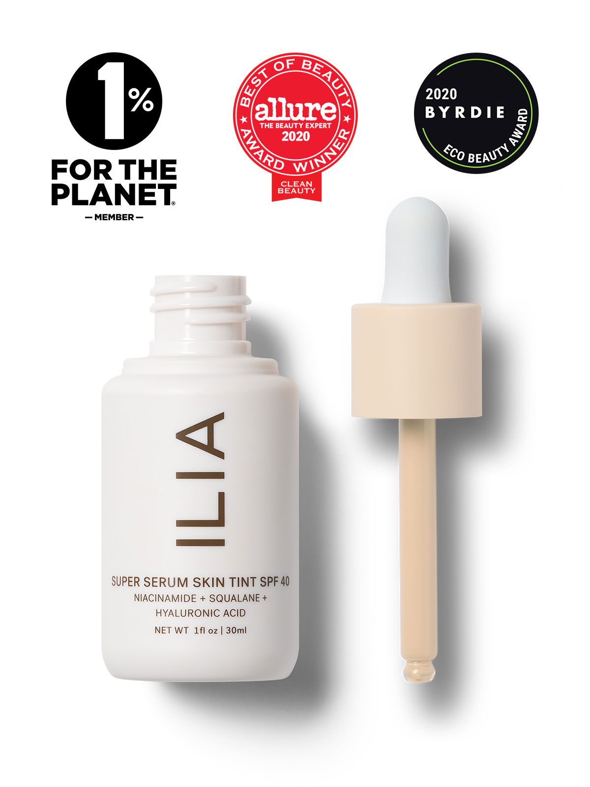 ILIA Super Serum Skin Tint SPF 40 white dropper bottle product photo