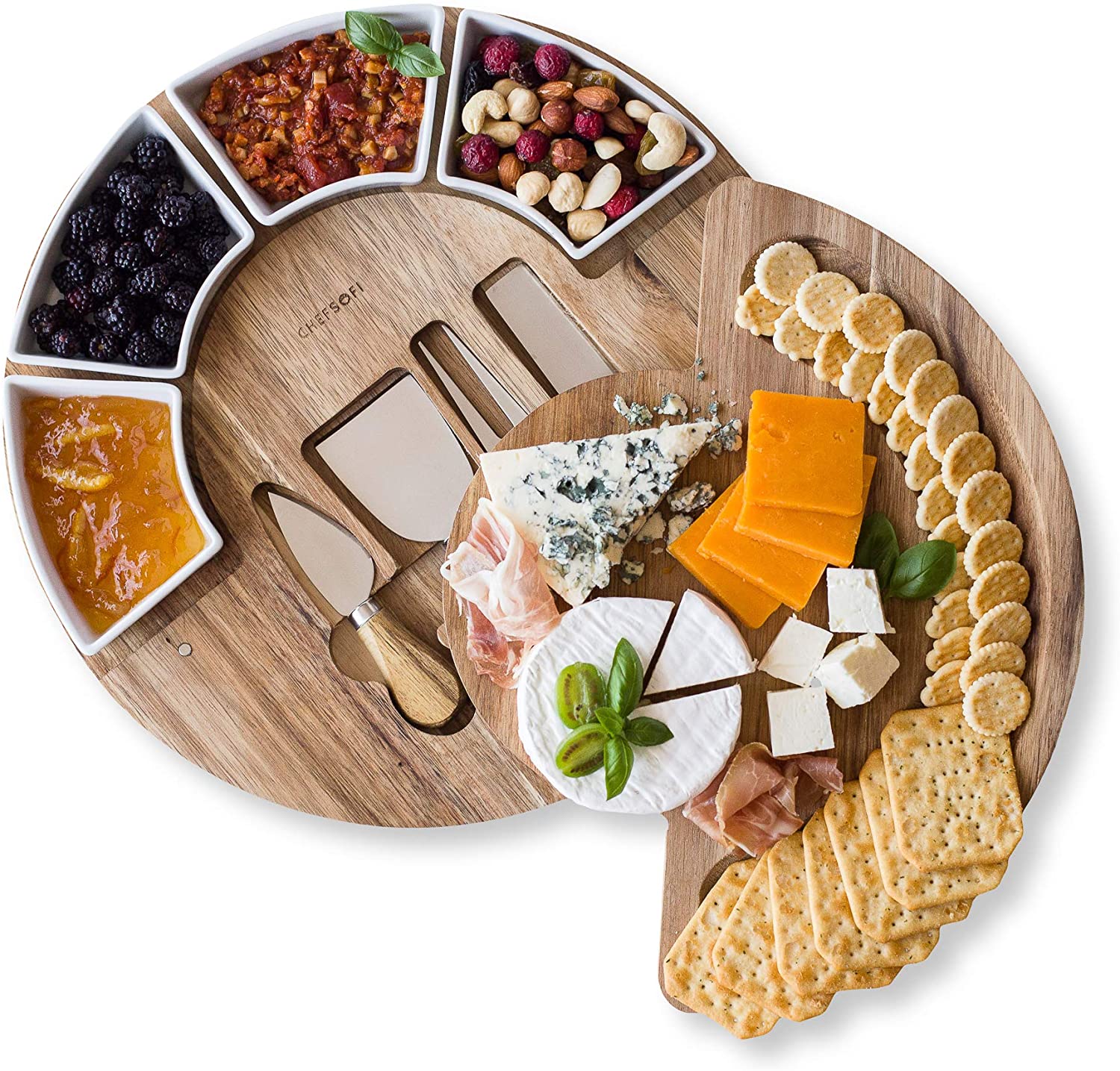 ChefSofi acacia wood charcuterie board set with four knives and four ceramic bowls
