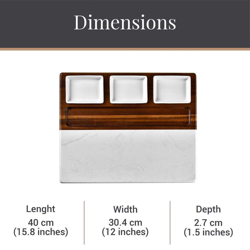 Shanik marble and acacia wood cheese board set with three ceramic bowls and stainless cutlery