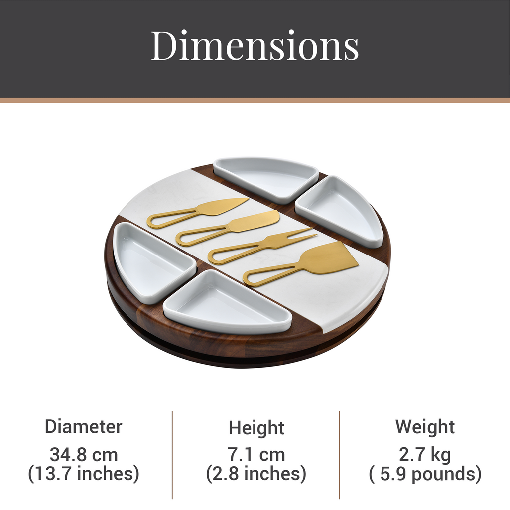 Shanik marble and acacia wood lazy susan rotating charcuterie board with ceramic bowls