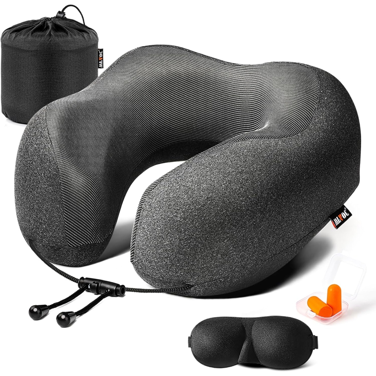 MLVOC memory foam travel neck pillow with eye mask and earplugs