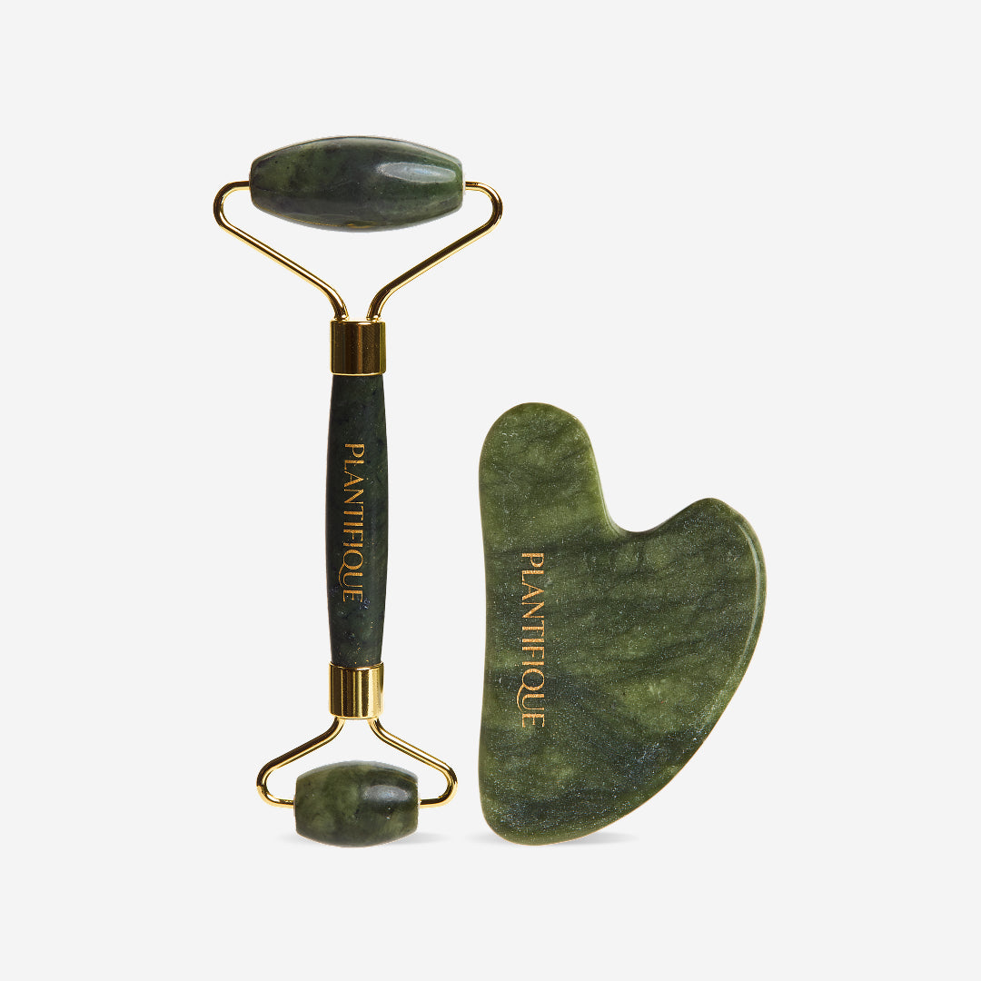 Plantifique jade roller and gua sha set, real jade stone with gold hardware