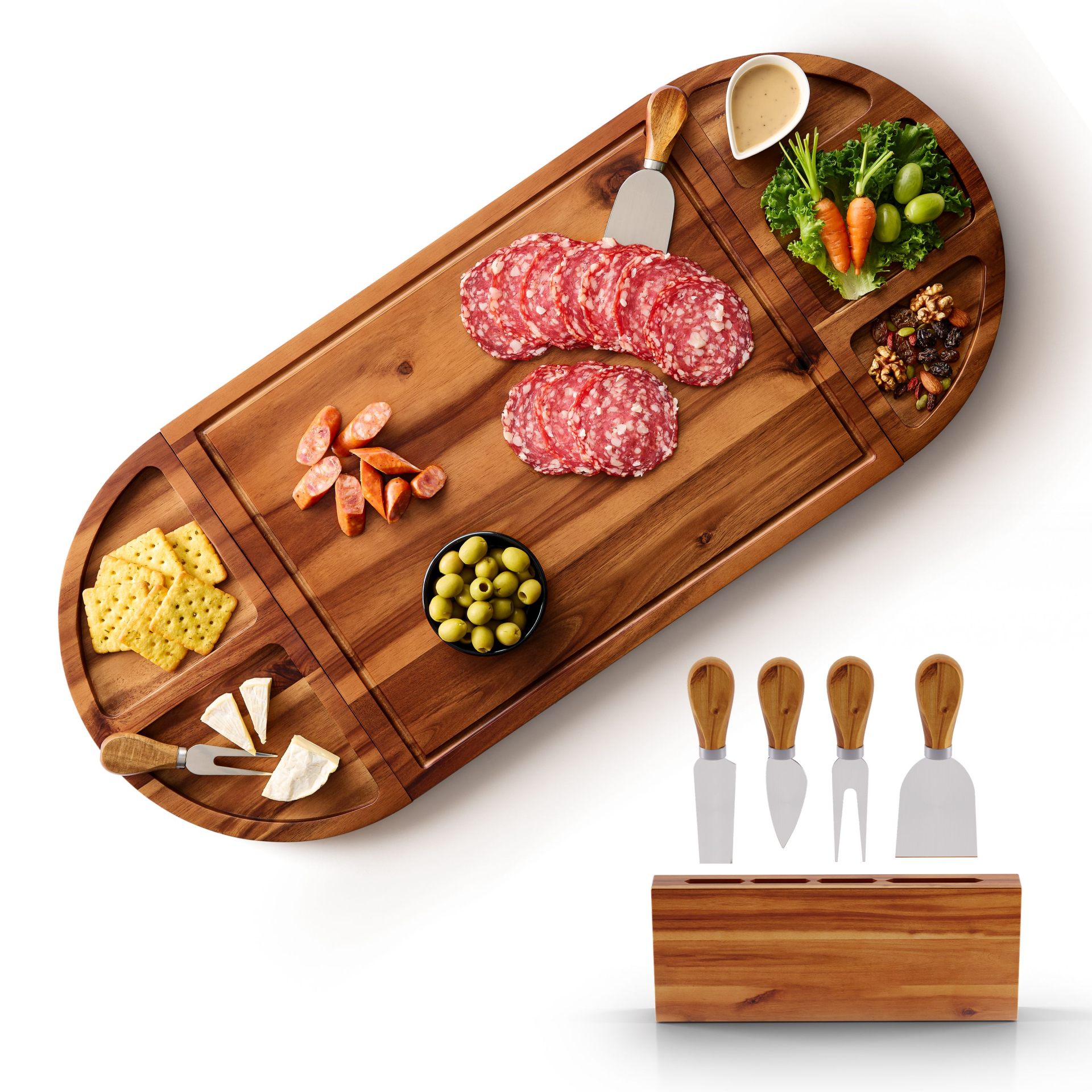TIDITA acacia wood 3-part magnetic charcuterie board with knives