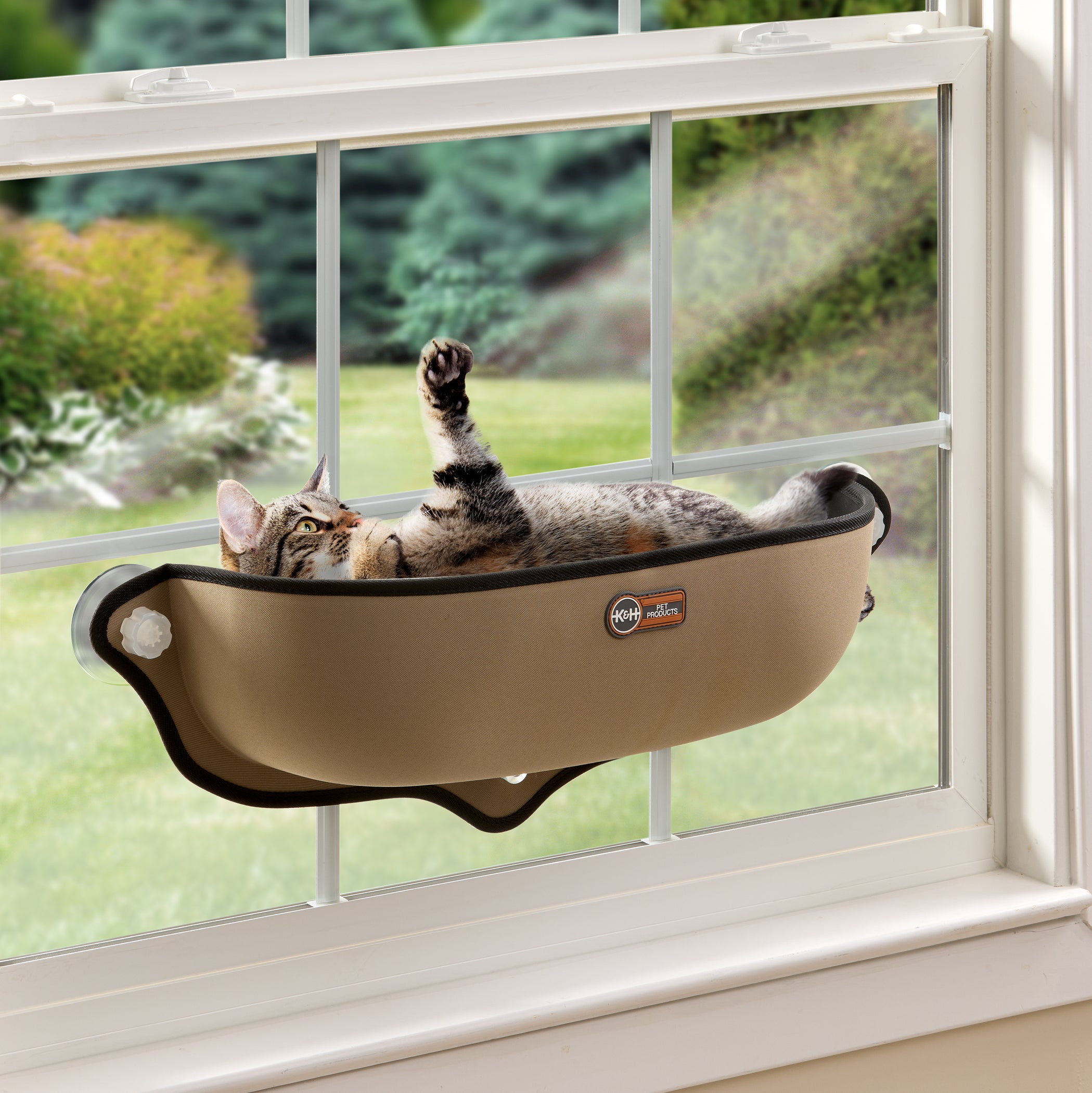 K&H EZ Mount cat window perch with a cat lounging inside, mounted to a window