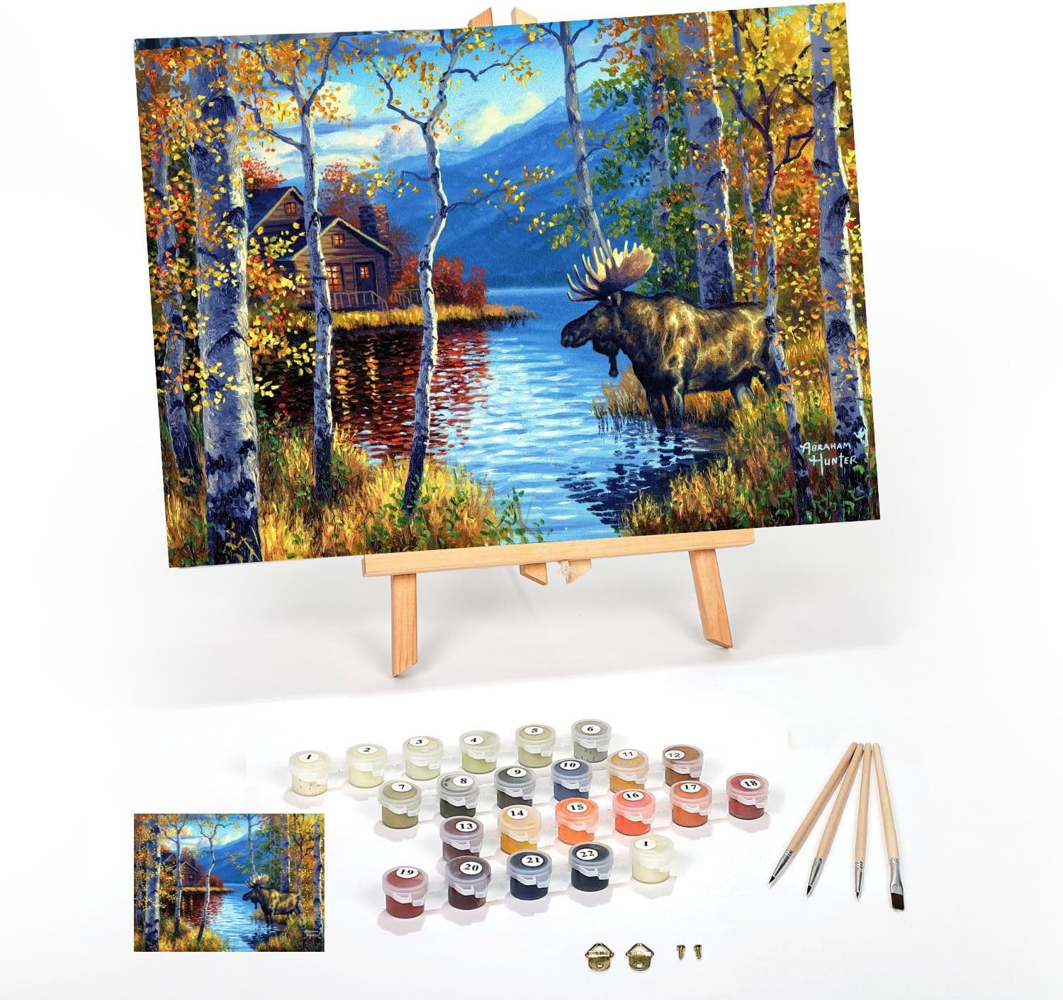 Premium framed paint by numbers kit with a moose landscape scene, easel, and full paint set