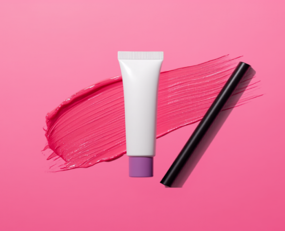 colorful lip stain and lip tint product collage on a bold pink background