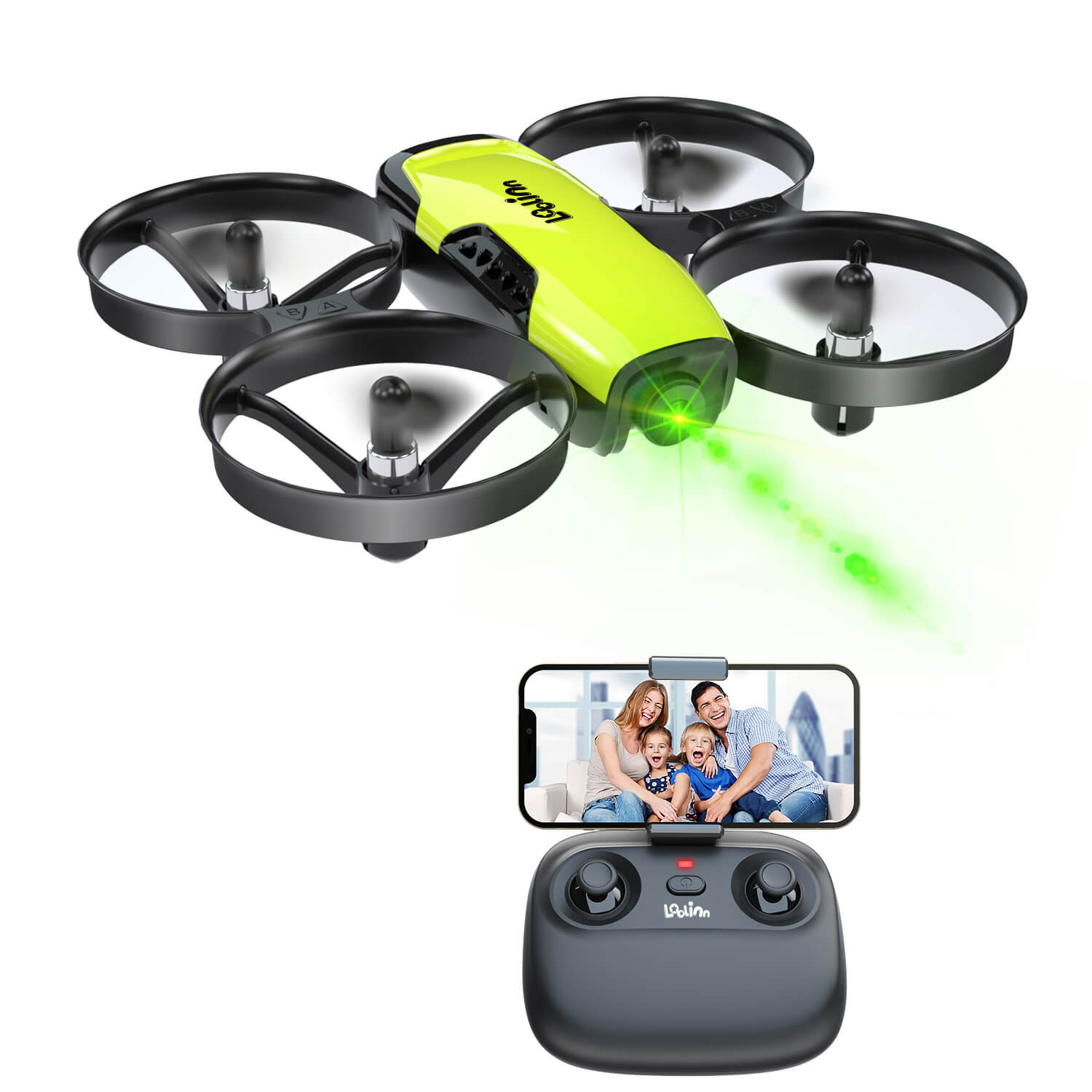 Loolinn kids camera drone with remote control showing a live camera view on a phone