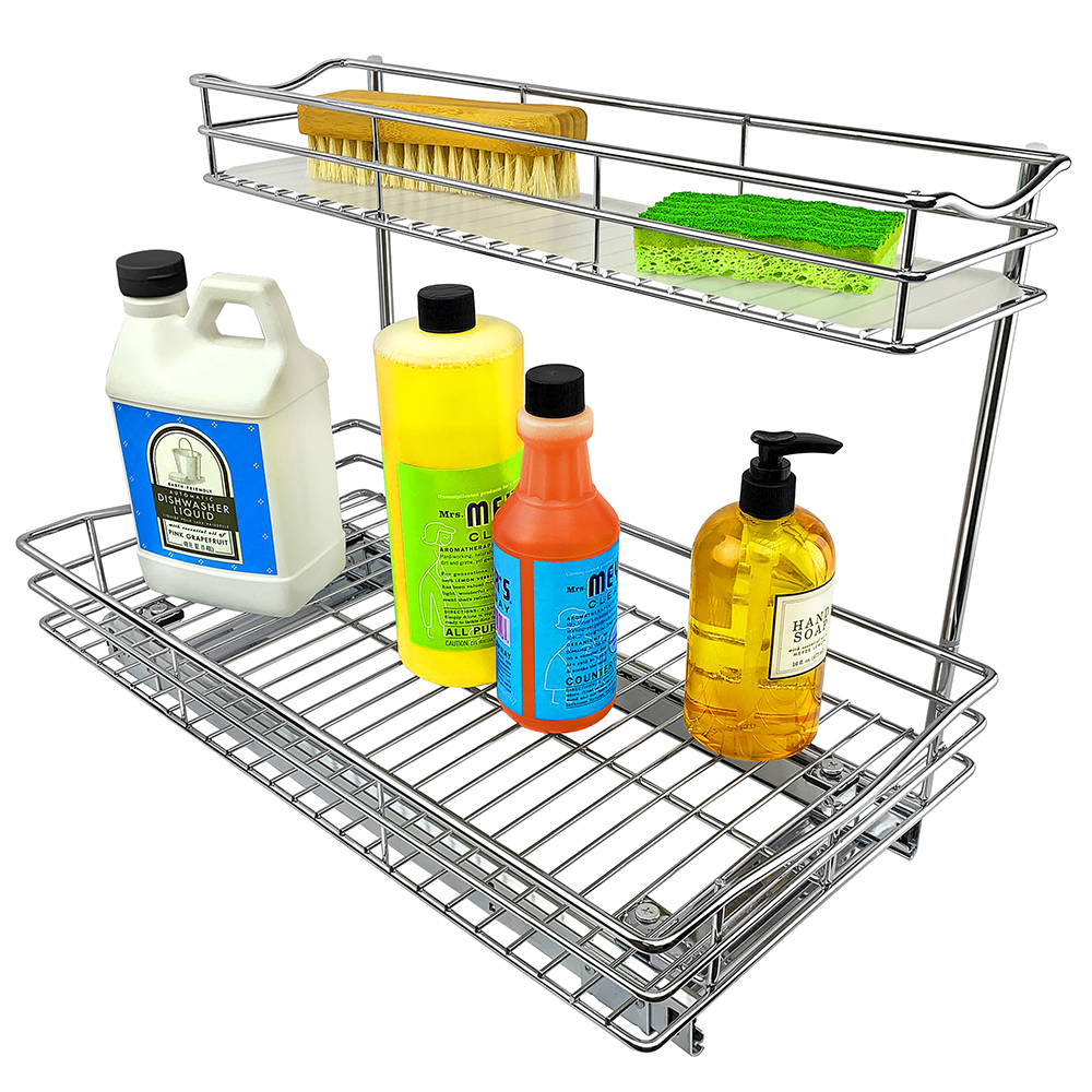 chrome pull out under sink organizer with cleaning supplies product photo