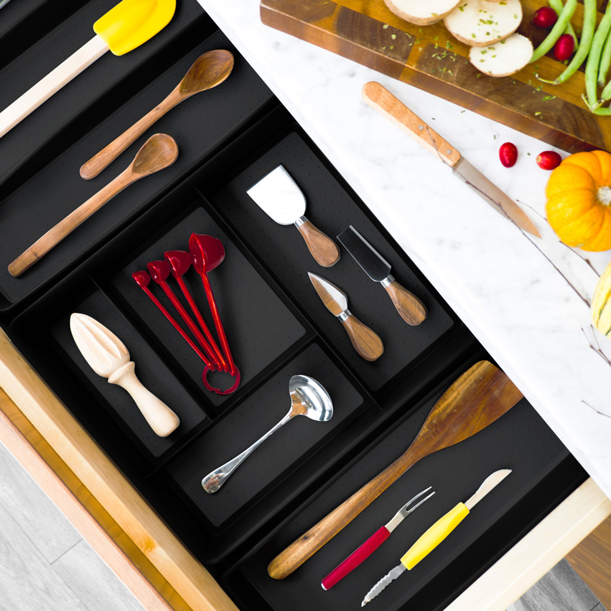 drawer organizer trays holding kitchen utensils product photo