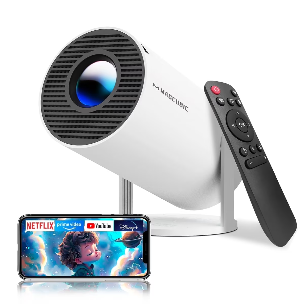 MagCubic HY300PRO mini projector with remote and phone streaming interface product photo