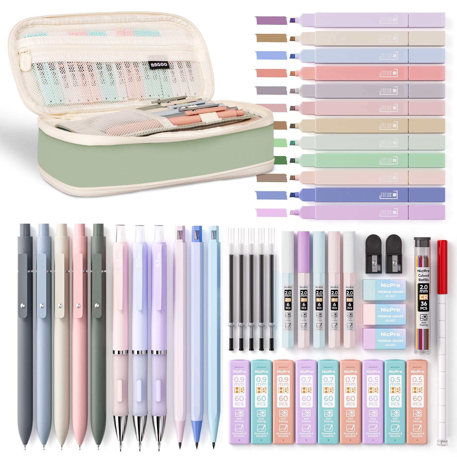 pastel mechanical pencils, erasers, and pencil case set product photo