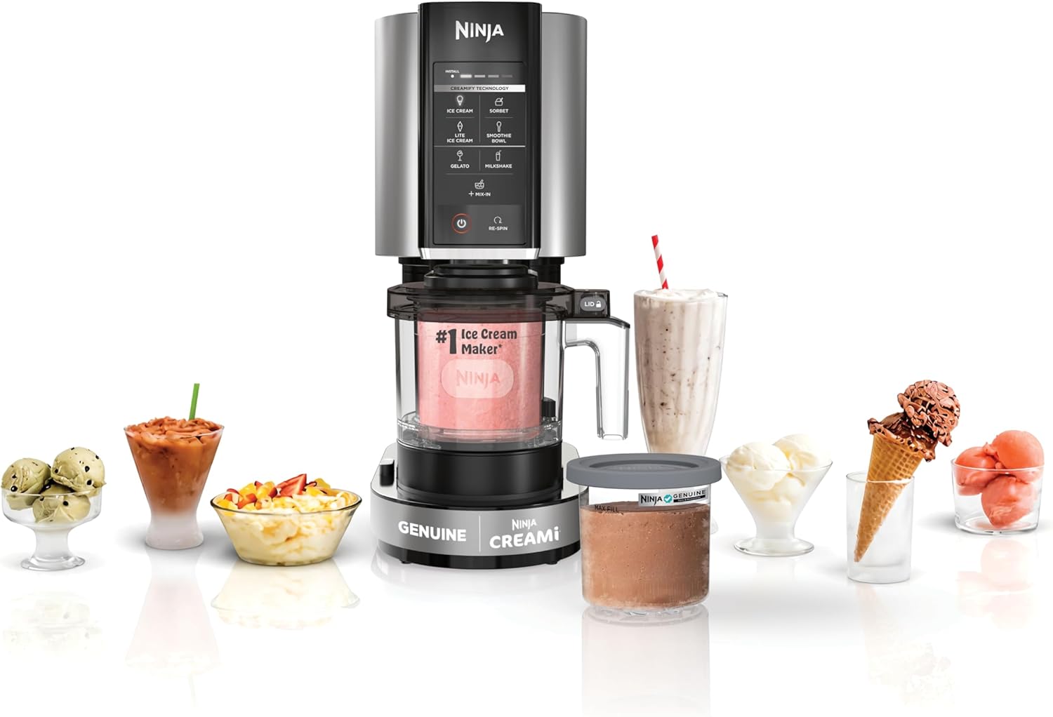 Ninja CREAMi 7-in-1 ice cream maker with a pink smoothie bowl inside the pint