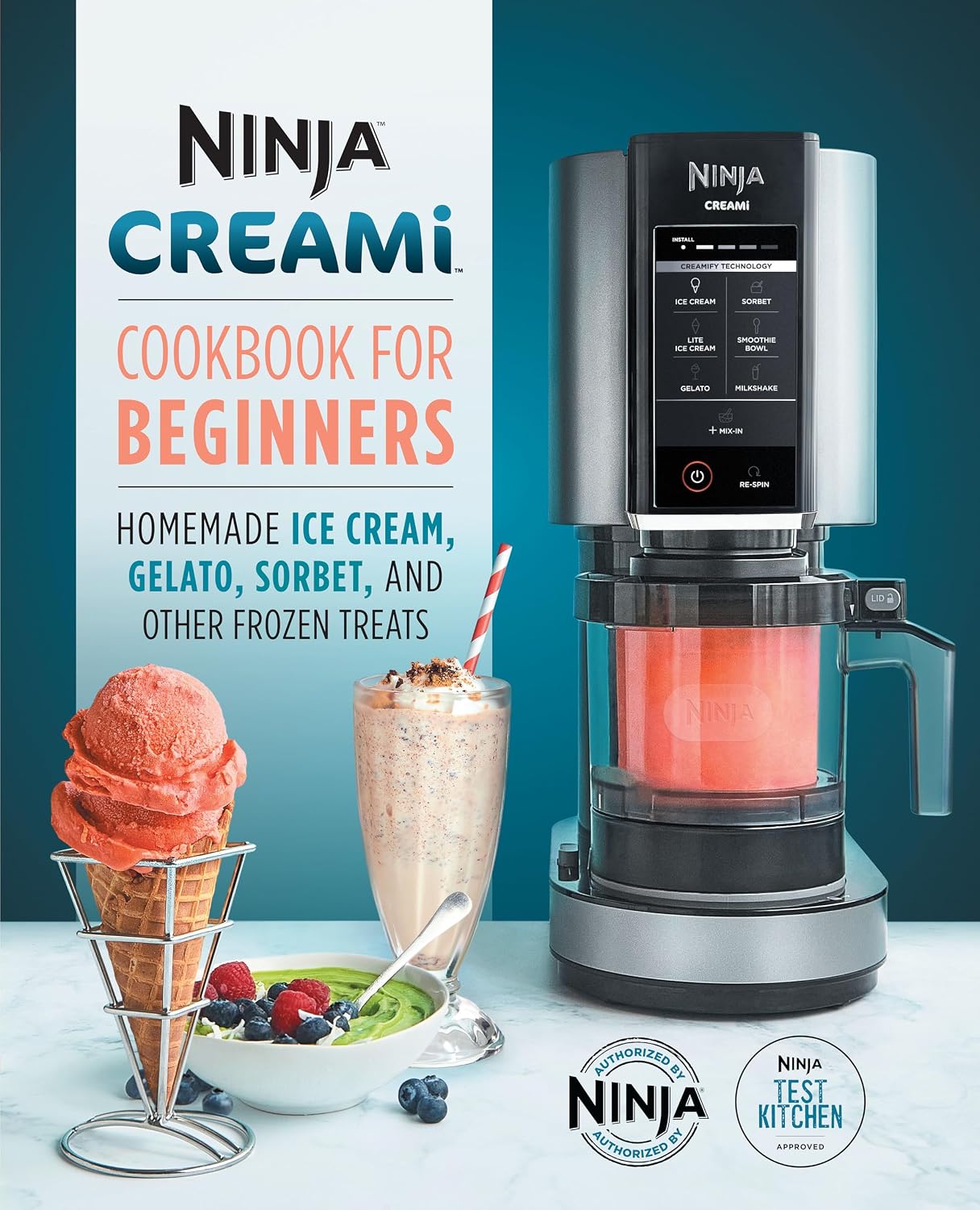 Ninja CREAMi Cookbook for Beginners next to the machine and finished frozen treats