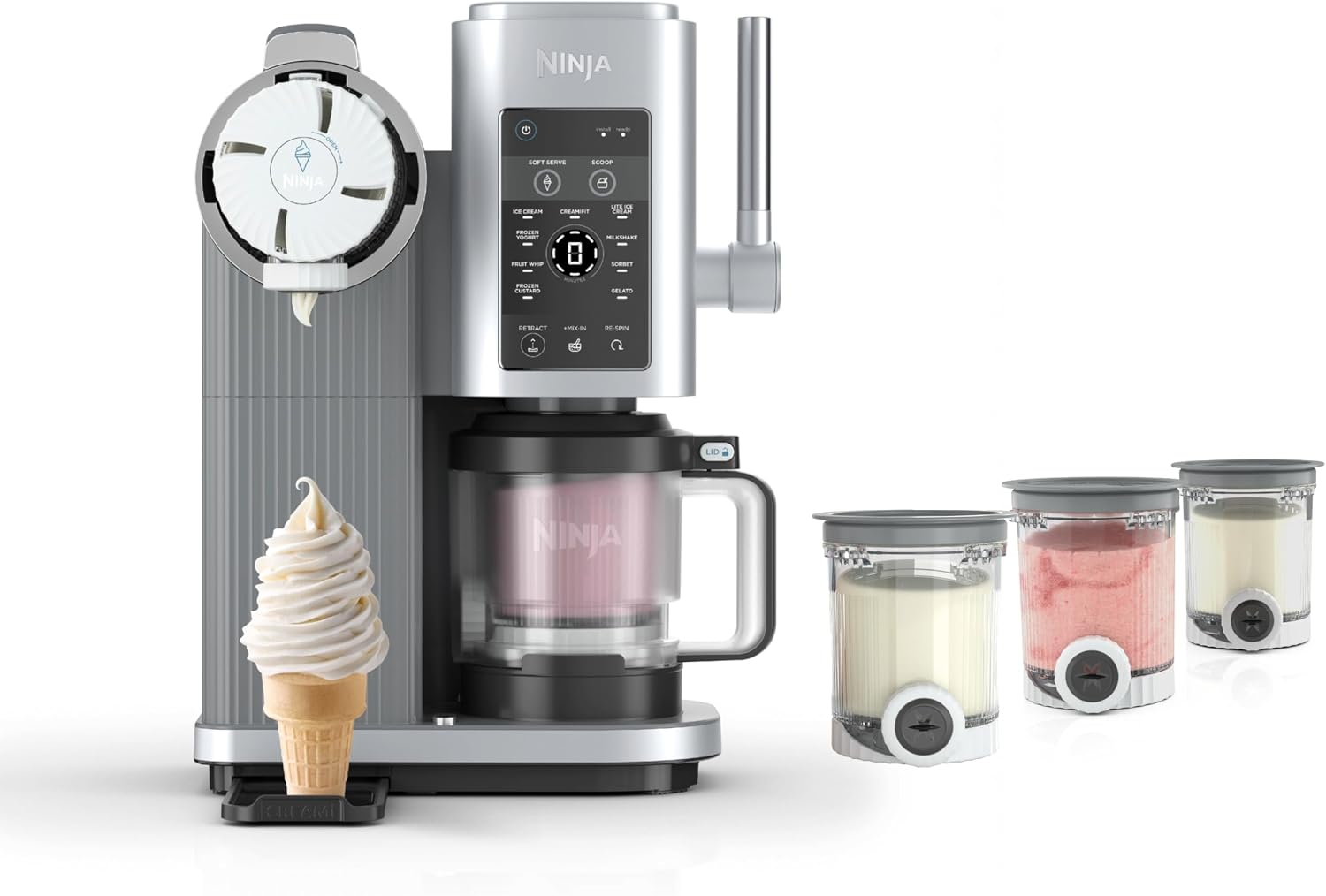 Ninja Swirl by CREAMi dispensing soft serve into a cone next to three frozen treat pints