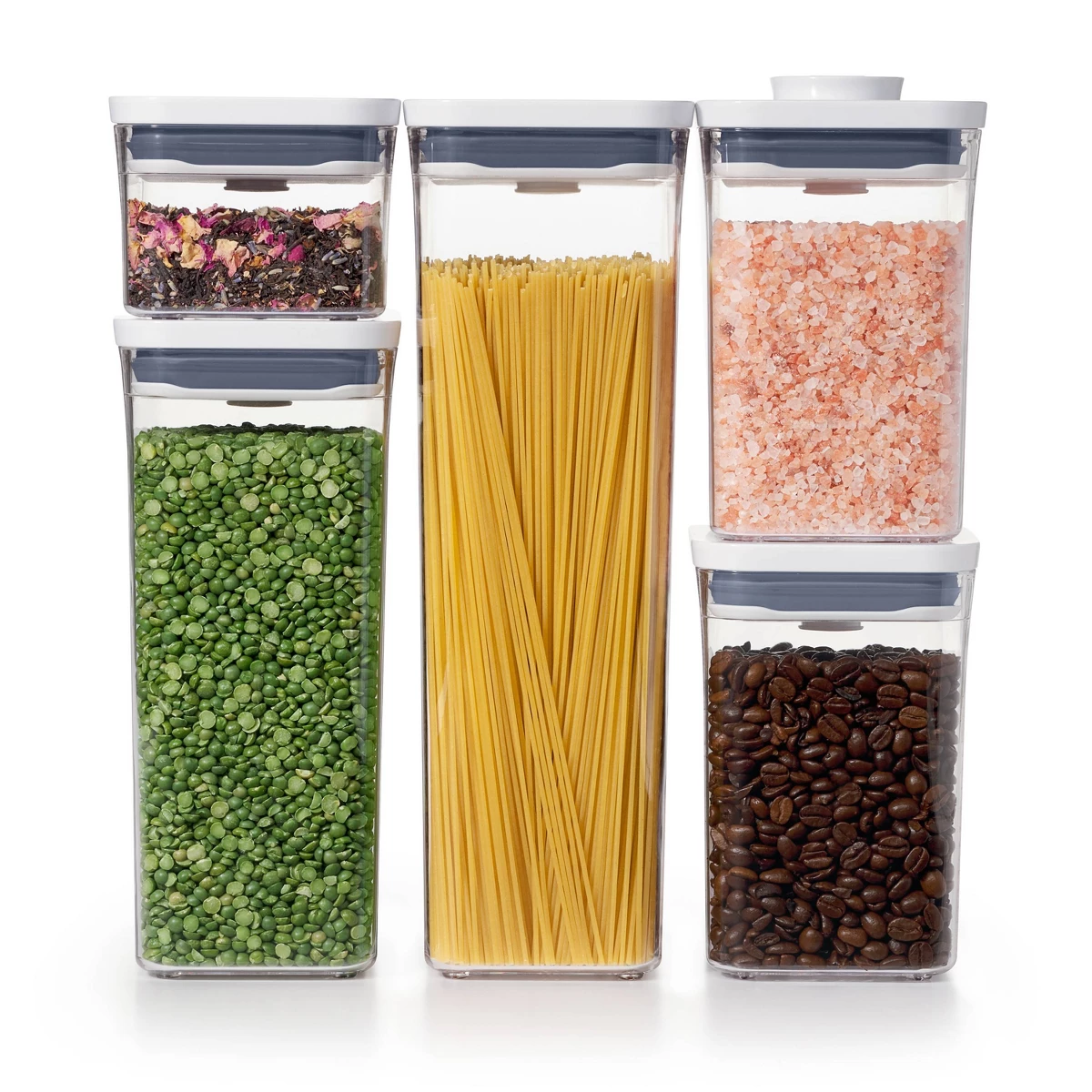 OXO airtight containers filled with pasta, coffee, and pantry staples product photo