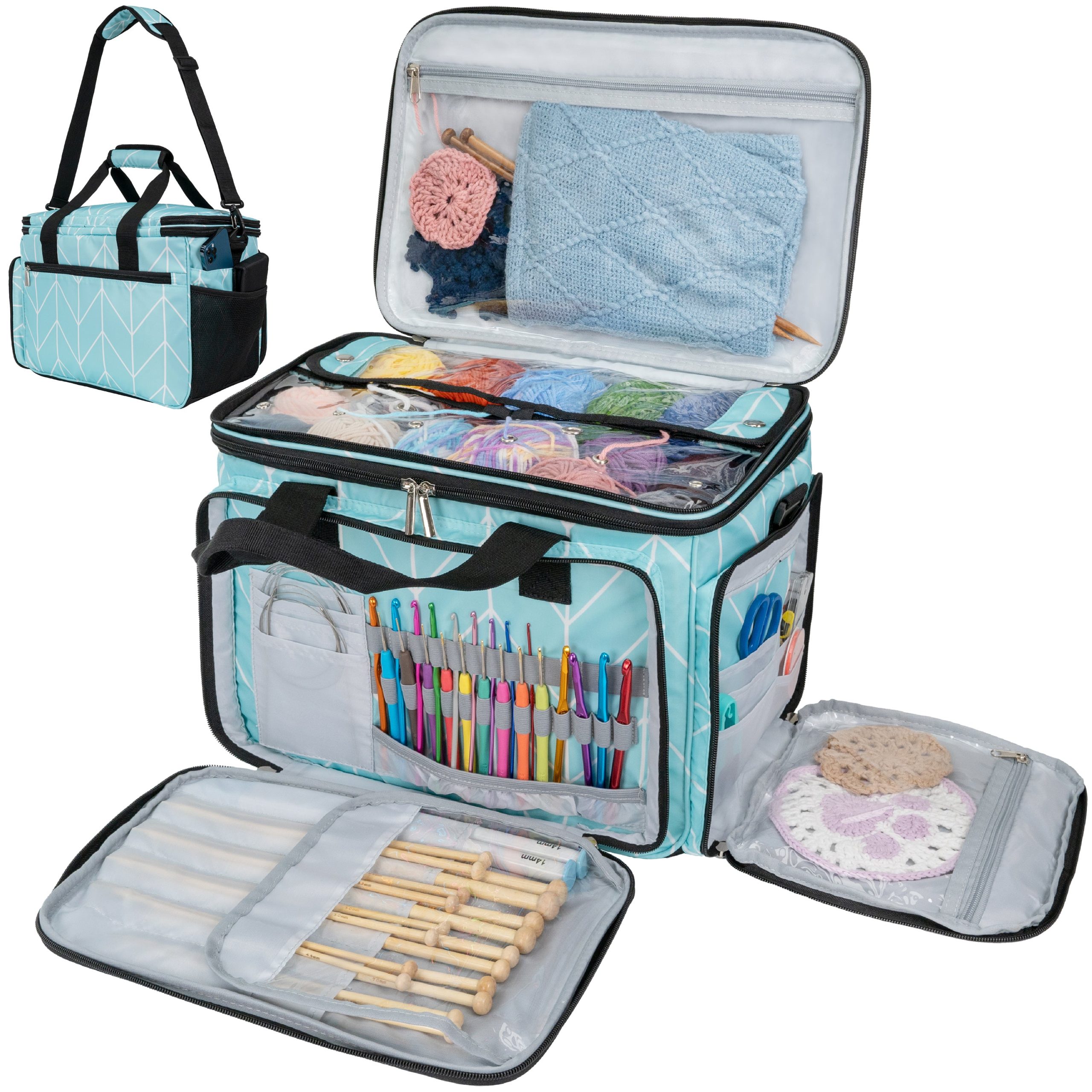 PAVILIA large chevron teal knitting and crochet organizer tote bag product photo