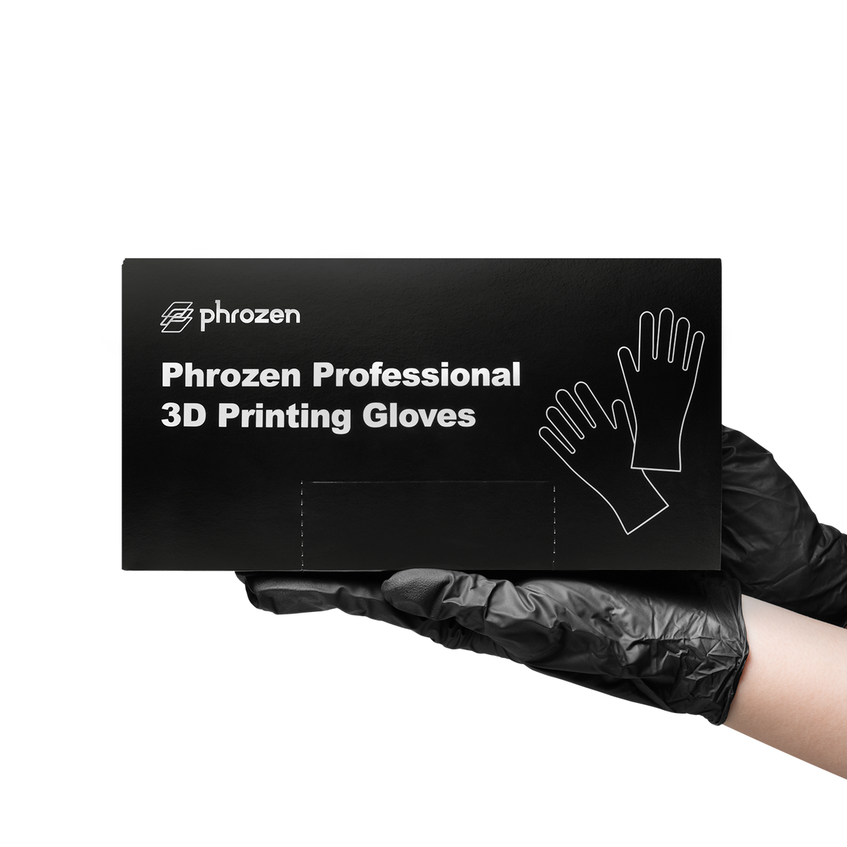 hand wearing black nitrile gloves holding a box of 3D printing gloves product photo