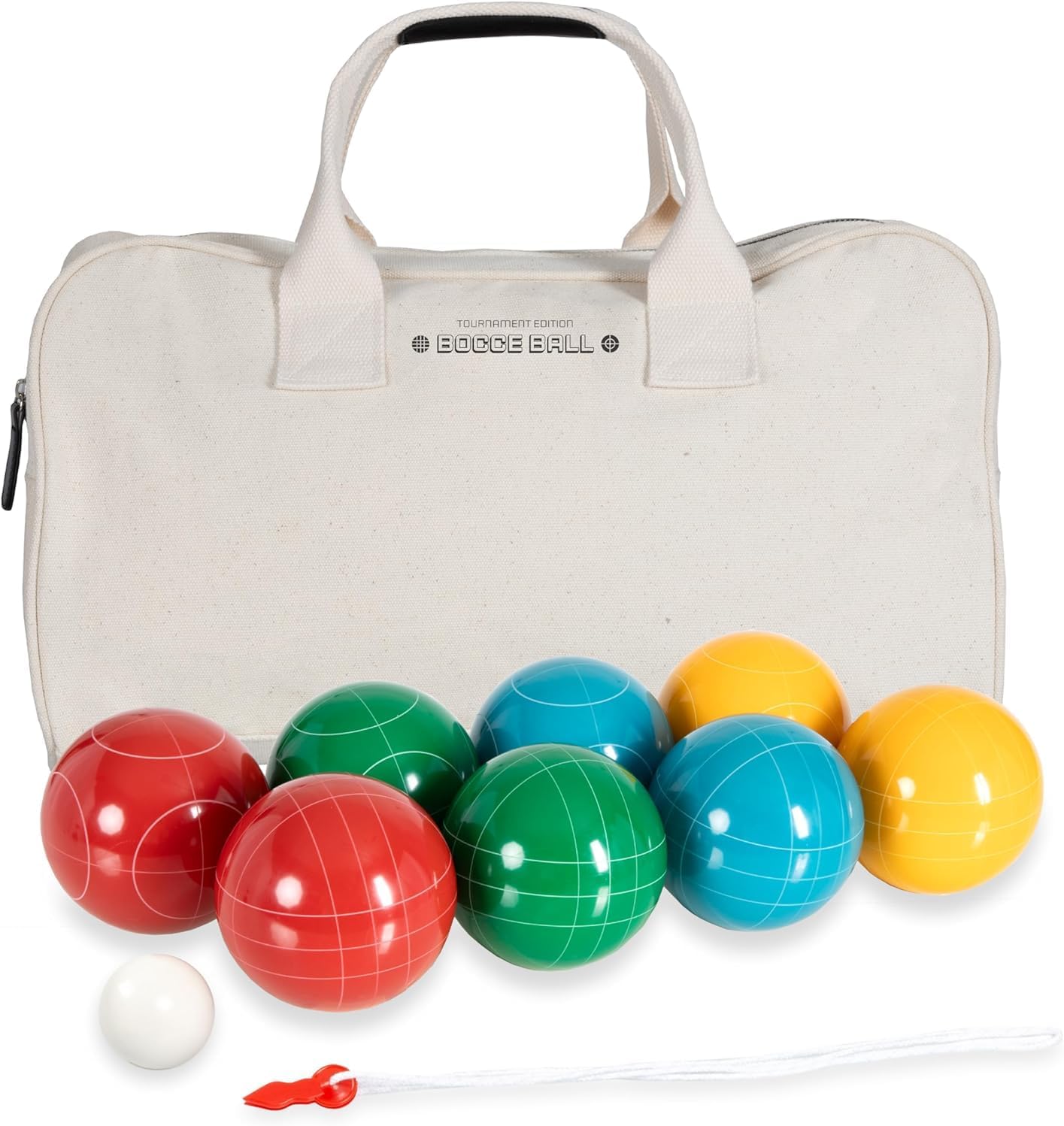 Regulation bocce ball set with colored balls and a pallino on grass