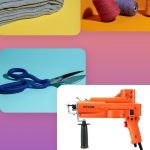 colorful rug tufting supplies collage including a tufting gun, yarn cones, primary cloth, and scissors