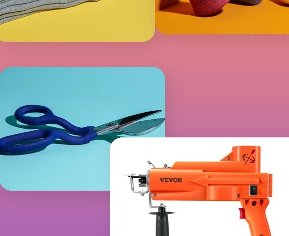 colorful rug tufting supplies collage including a tufting gun, yarn cones, primary cloth, and scissors