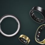 a collage of smart rings including Oura, Samsung Galaxy Ring, RingConn, and Noise Luna on a dark emerald background
