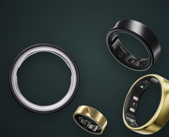 a collage of smart rings including Oura, Samsung Galaxy Ring, RingConn, and Noise Luna on a dark emerald background