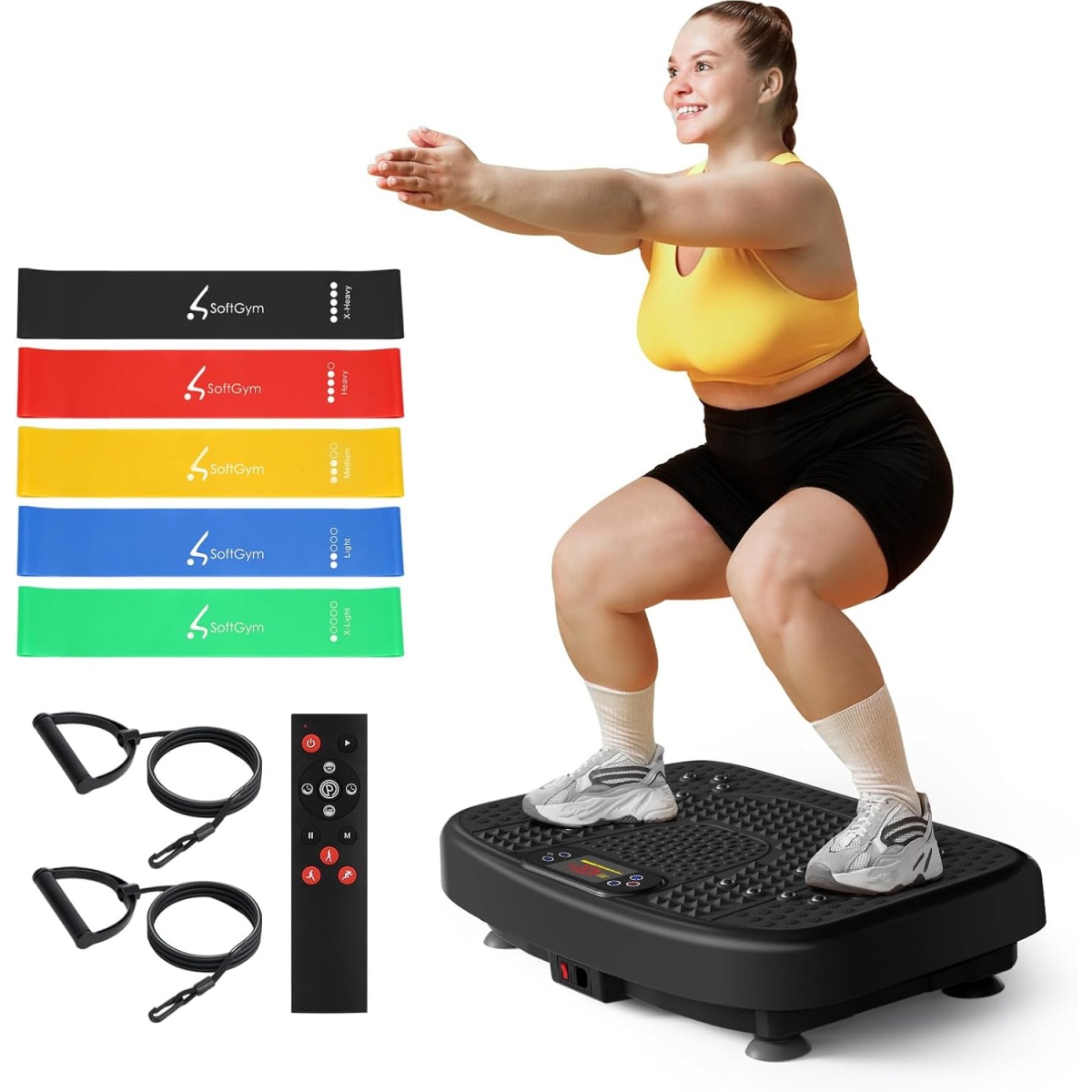 woman doing a squat on a SoftGym vibration plate with resistance bands product photo