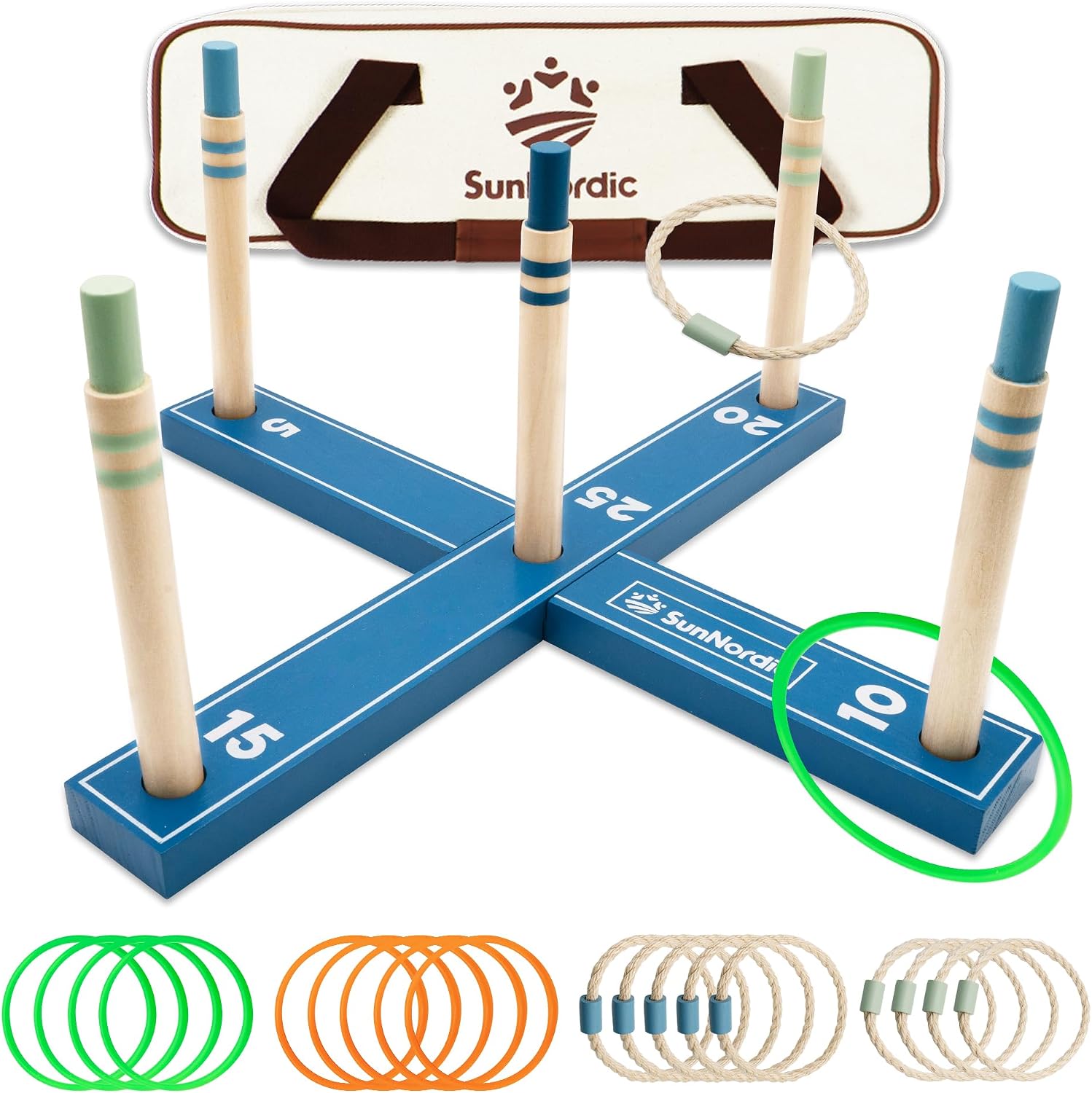 Wooden ring toss game set with rope rings on a lawn