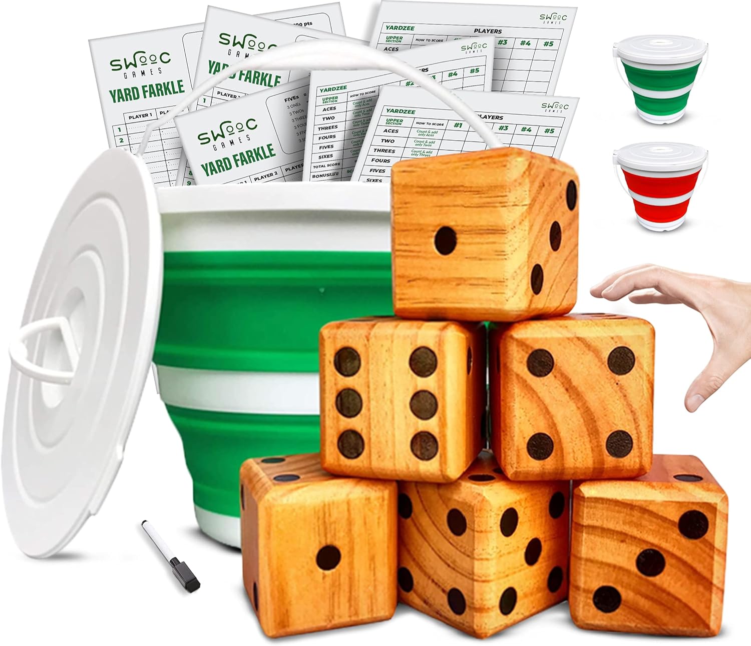 Giant wooden yard dice set with scorecards and a carrying bucket